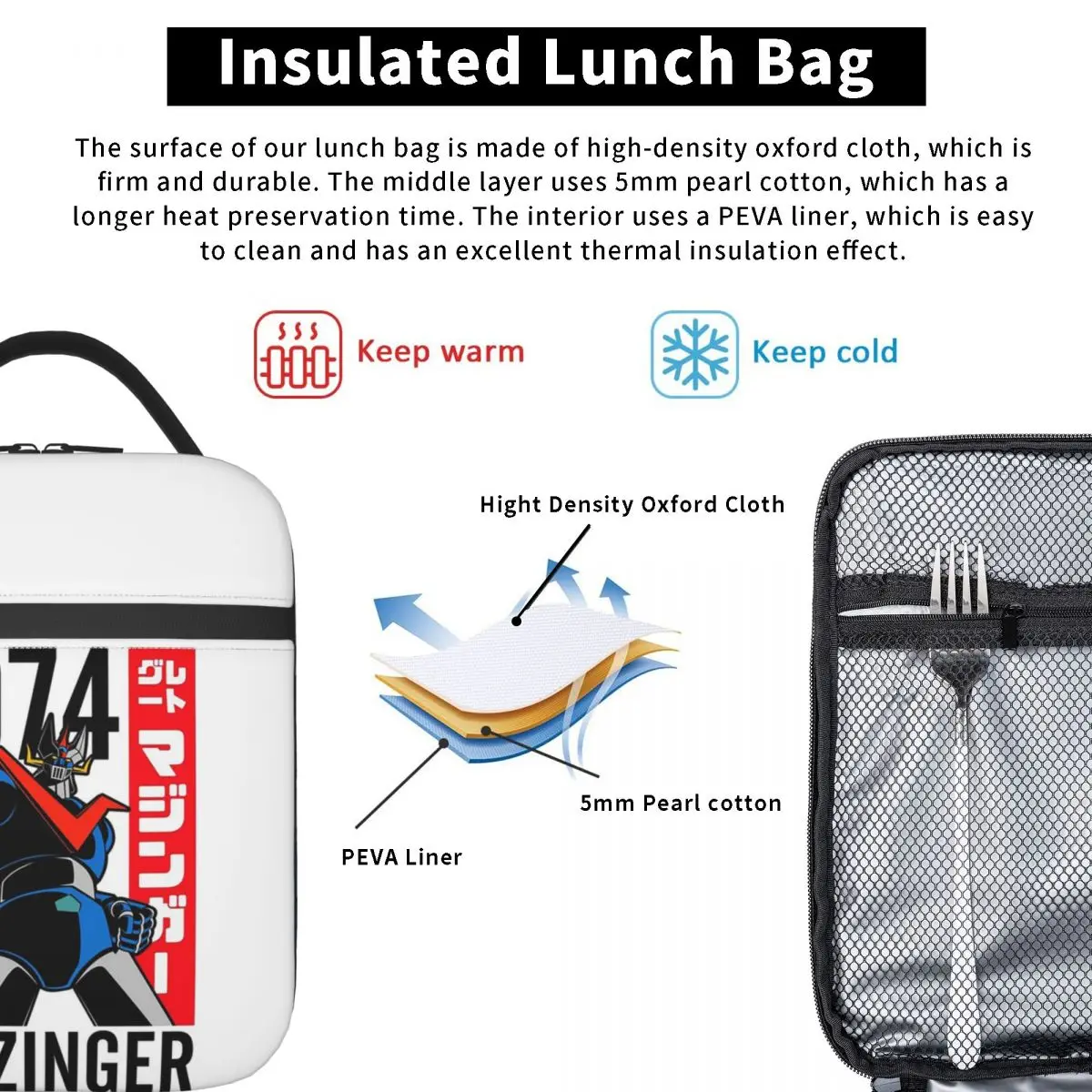 Mazinger Z Mad Robot Grendizer Anime Manga Insulated Lunch Bag for Women Kids Leakproof Food Boxes Thermal Lunch Box Tote