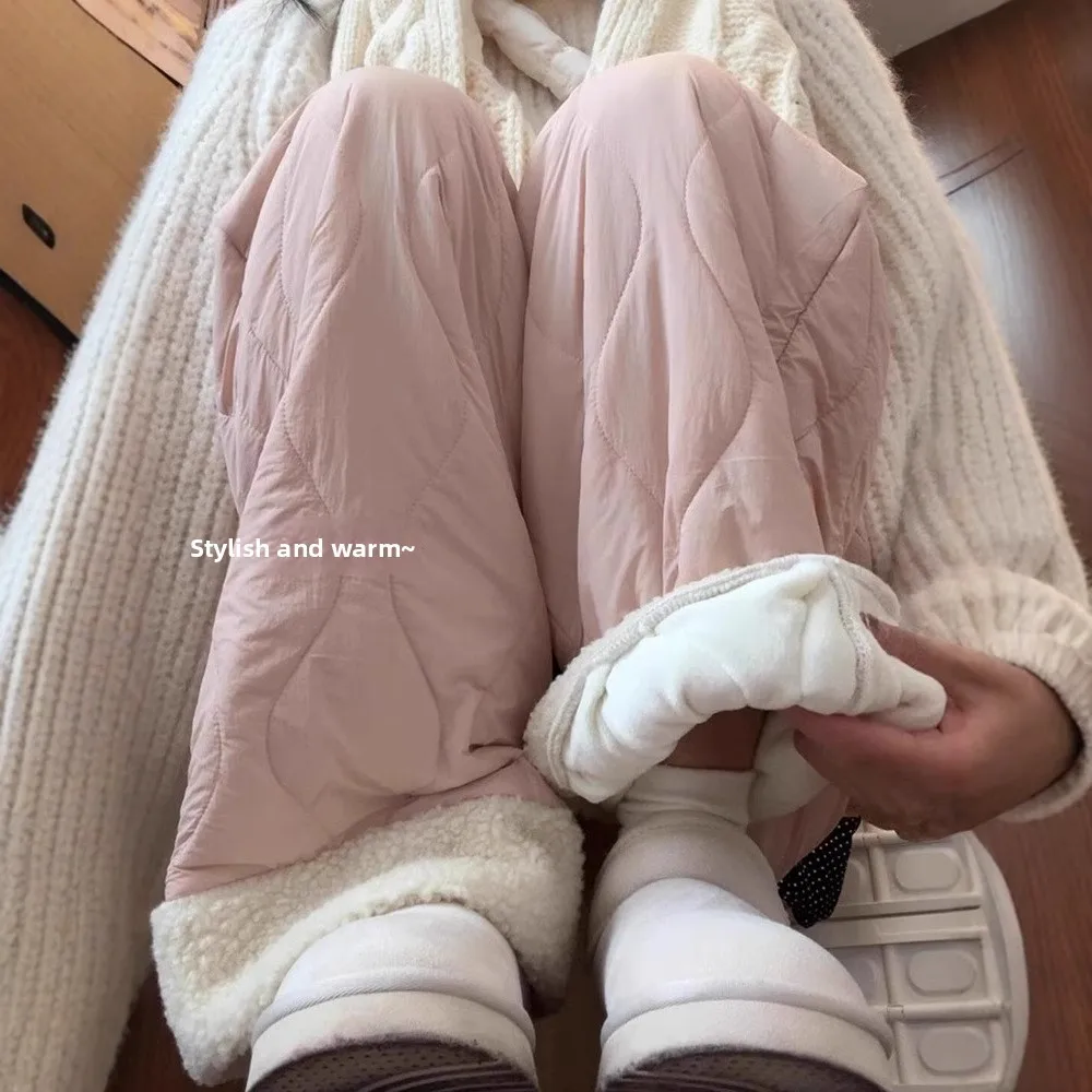 

Pink Fleece Lined Cotton Pants Women's Casual Warm Trousers Autumn Winter New Style Wide Leg Patchwork Plush Pants