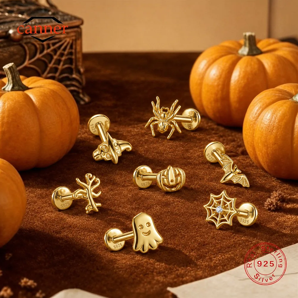 CANNER 1PC 925 Sterling Silver Halloween Threaded Flat Back Stud Earring Ghost Pumpkin Spider Bat Spiderweb Piercing Jewelry