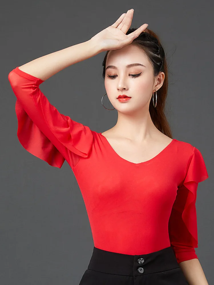 2023 Mesh Ballroom Tango Latin Tops Girls Elegant Latino Practice Dance Wear Women Solid Color Slim Fit Ruffle Tops Clothes