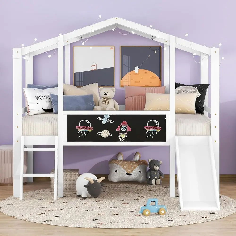 

Twin Size Kids Bed with Slide, Blackboard, Light Strip, Safety Guardrails, and Ladder, Wooden Playhouse Bed with Play Area