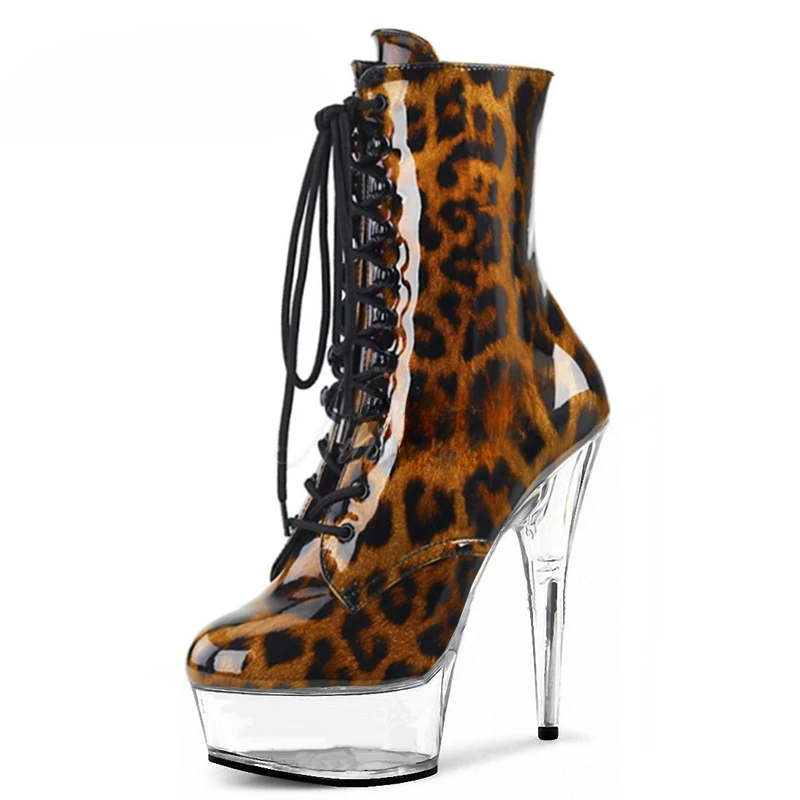 Women's Boots Mid Calf New Sexy Women's Lace Up Nightclub Pole Dance Fun Leopard Print Low Cut Boots 15CM Stiletto Women Shoes