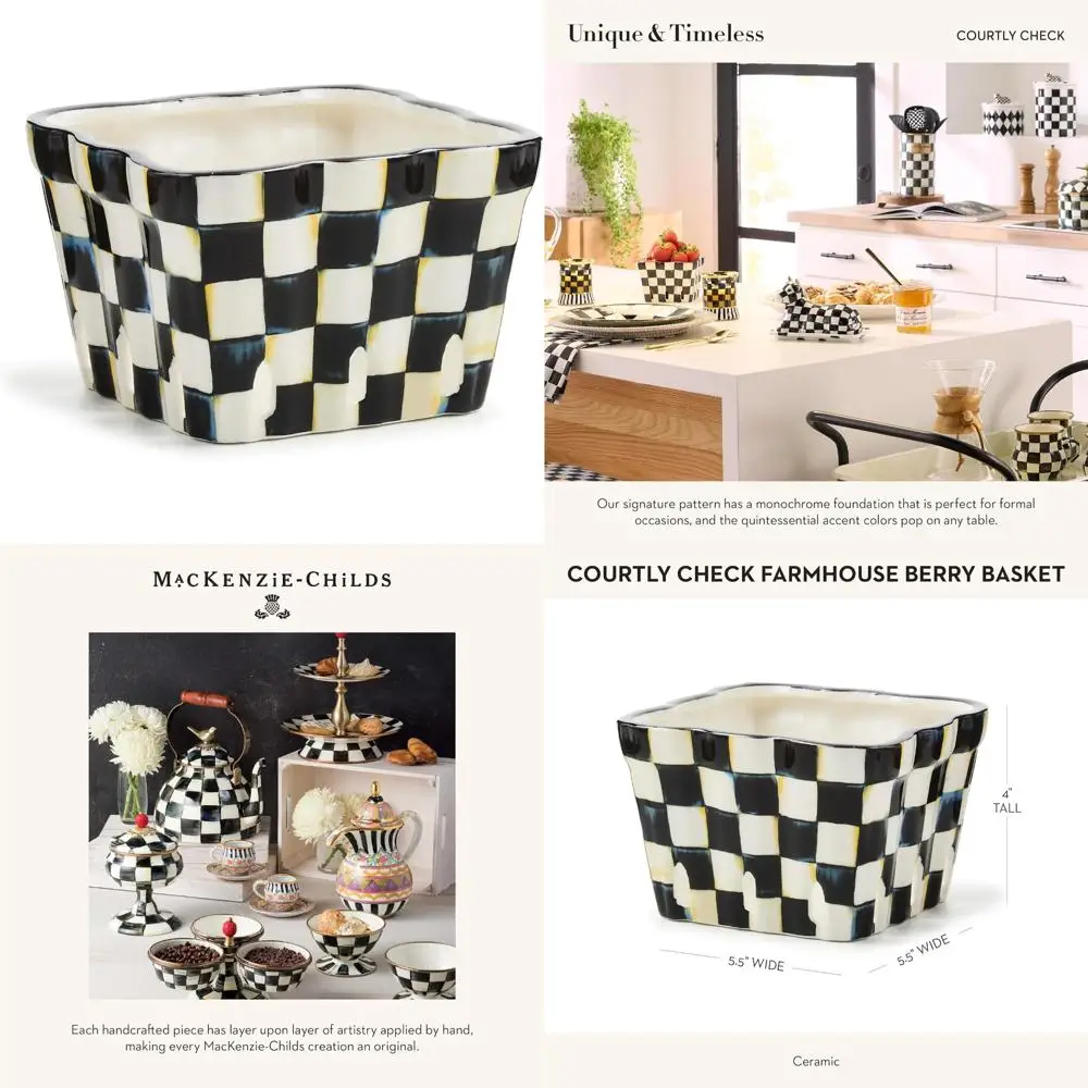 

Decorative Ceramic Berry Basket, Farmhouse Style, Black and White Checkered Pattern, Fruit Holder for Rustic Charm
