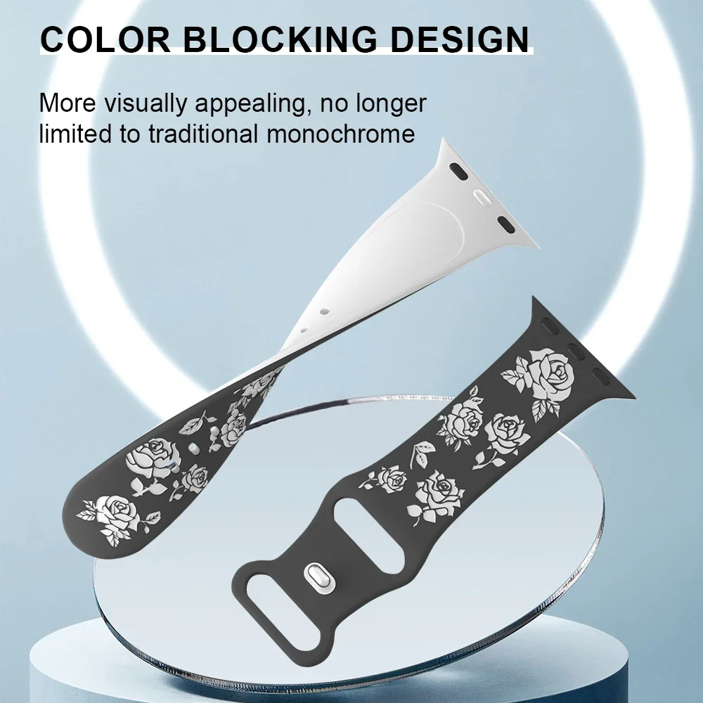 Silicone Strap For Apple Watch Band Ultra 49mm 46mm 42mm 45mm 44mm 41mm Rose Carving Sports Bracelets for iWatch 10 9 8 7 6 5 SE - view 5