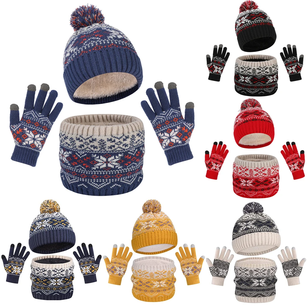 

3Pcs Kids Winter Hat Set Warm Plush Lining Knitted Children Beanie Hats Scarf Gloves Suit Child Cap Christmas Gift 4-10Y