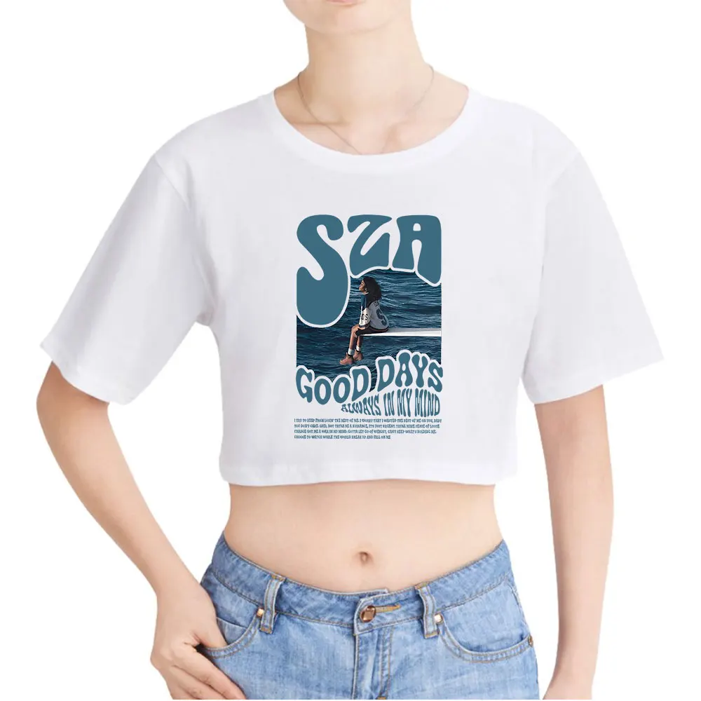 SZA Good Days Merch SOS Tour Vintage 90s Crop Top Exposed Navel T-Shirt Oversize O-Neck Tops Women Funny Tshirt Top