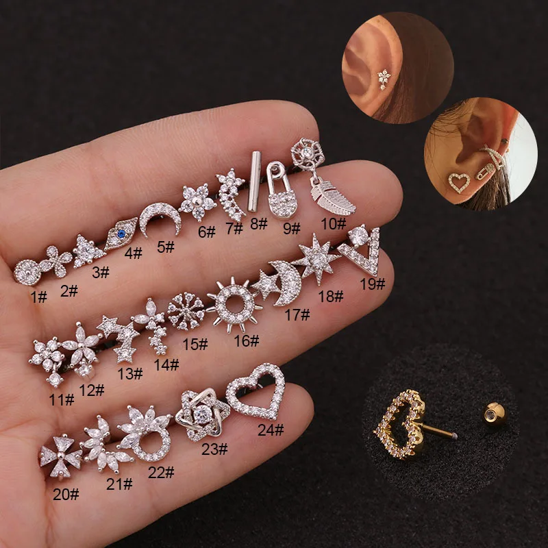 Boucle d'Oreille en Acier Inoxydable Cz Cartilage, Clou Helix Vis Arrière, Tragus Rook Conch, Piercing Bijoux, Cadeaux d'Halloween, 16G, 1 Pc