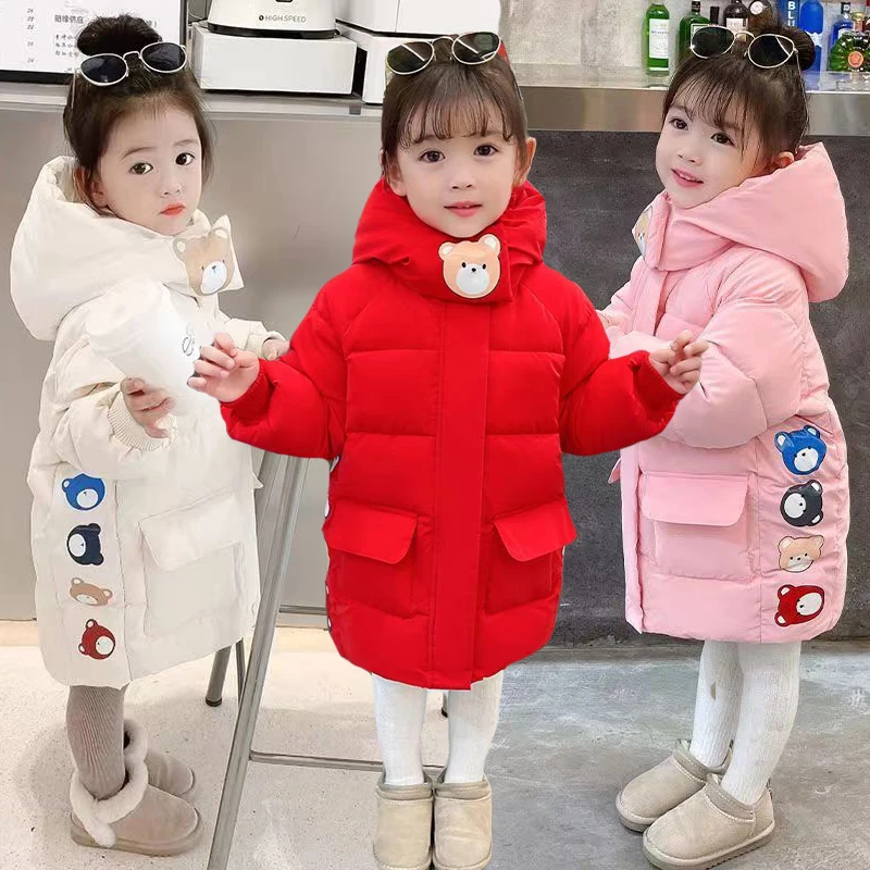 

3-8 Years Old Cute Winter Warm Girls Jacket Cartoon Bear Hooded Heavy Coat For Kids Children Birthday Present