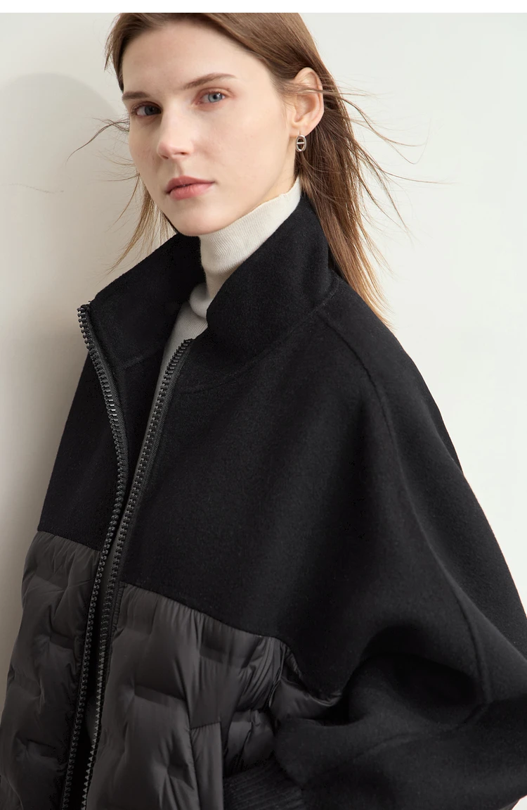 AMII Down Coats 100% Wool Stand Collar Loose Spliced Jackets for Woman 2024 Winter Warm New Casual Versatile Jacket 12454007