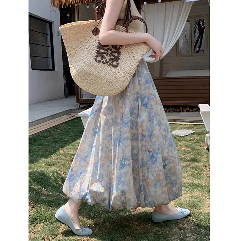 

French Style 2025 New Arrival Summer Women Casual Loose Floral A-line Ankle-length Skirt Romantically Flower Bud Skirts T116