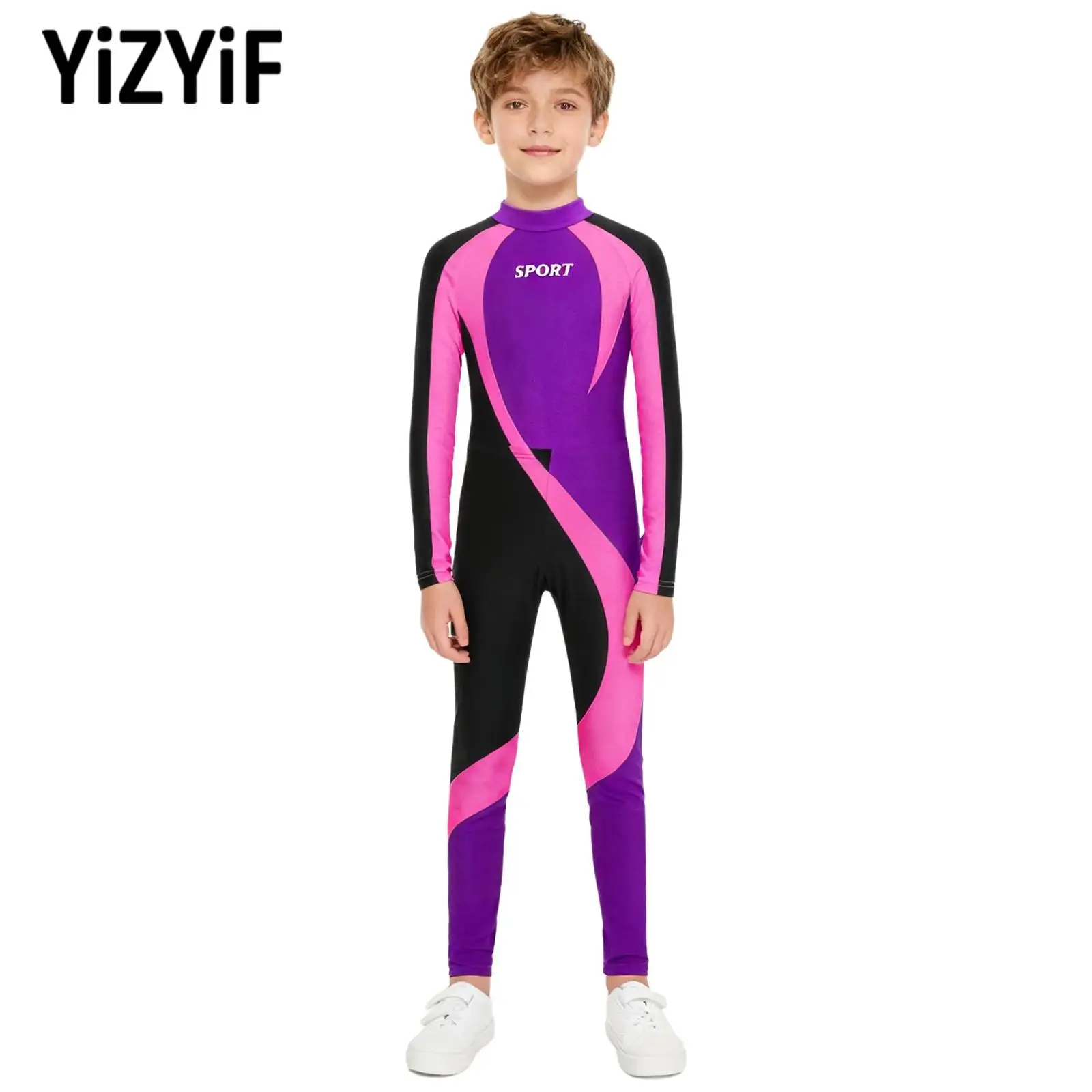 

Children Boys Swimwear Sportswear Rashguard Suit Long Sleeve Openable Crotch Bodysuit And Leggings for Figure Skating Gymnastics