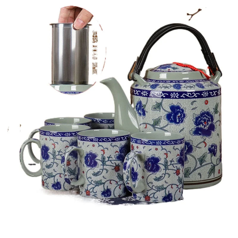 

Jingdezhen Ceramic Teapot Large Capacity Chinese Retro Blue and White Porcelain Kettle Set Household Large Loop-Handled Teapot