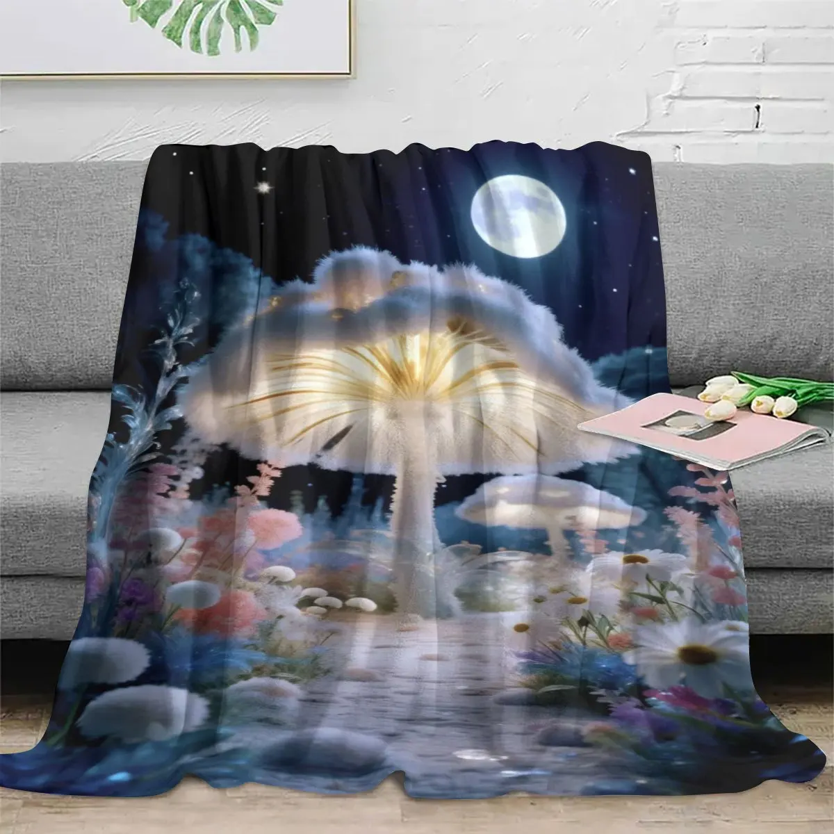 Enchanted Forest Luminous White Mushroom Floral Starry Night Pattern Flannel Blanket Plush Bedspread Portable Travel Blanket