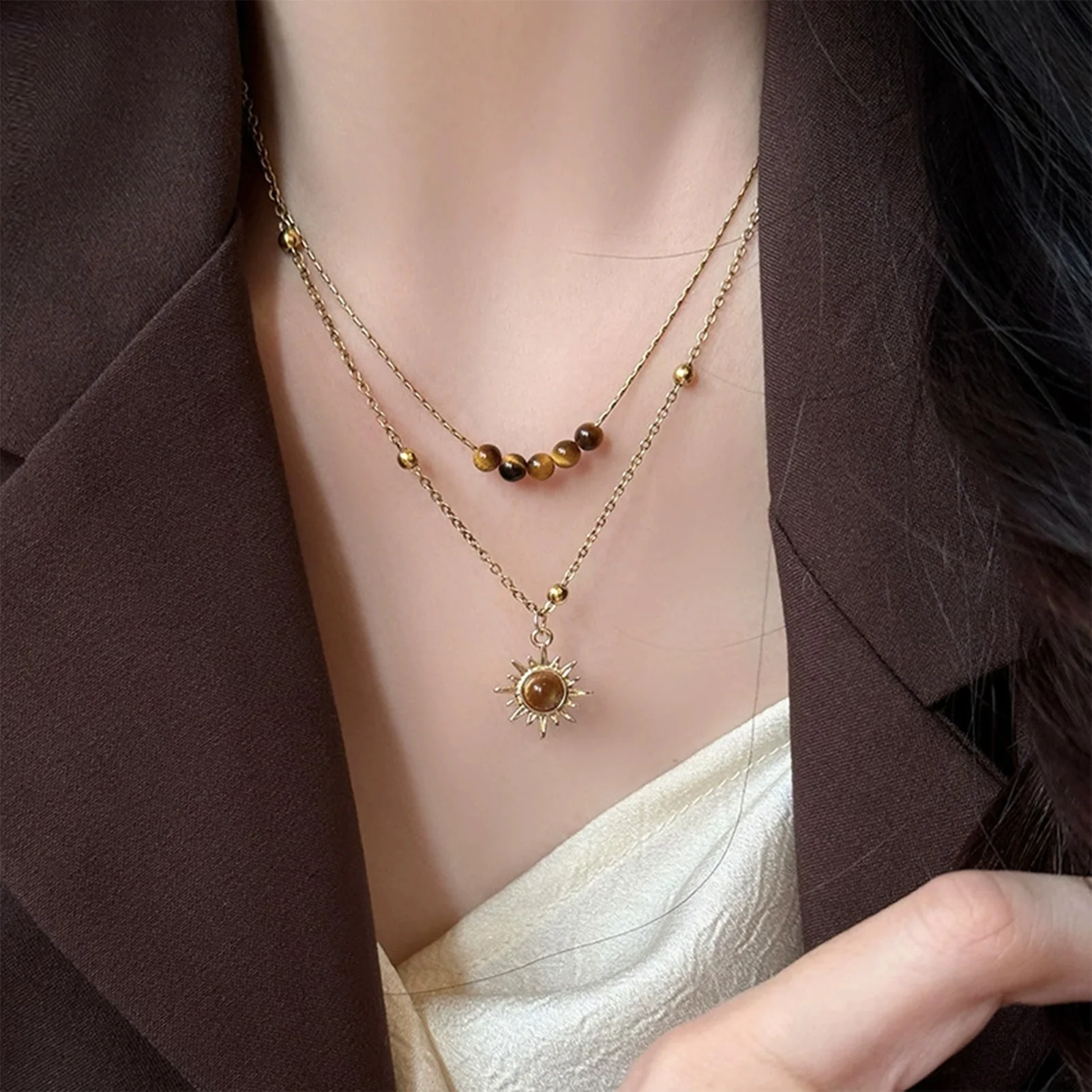 Golden Tiger Eye Sunflower Necklace For Women Vintage Style Alloy Adjustable Chain Jewelry