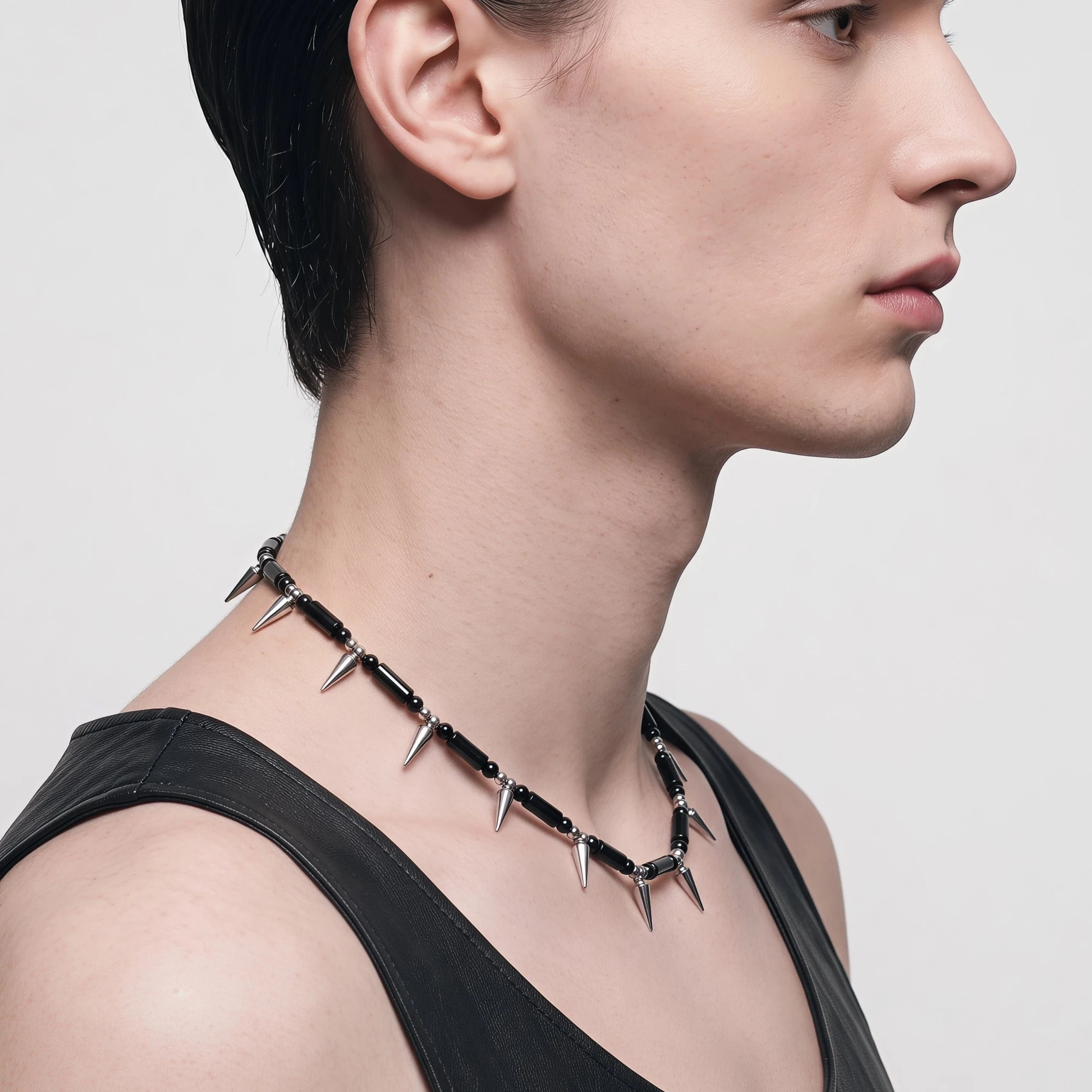 Gothic Punk Kegelspitzen-Choker-Halskette mit schwarzen Achat-Röhrenperlen und Nieten – Halsband für Herren und Damen, Grunge Alternative Streetwear Schmuck – Detail 2