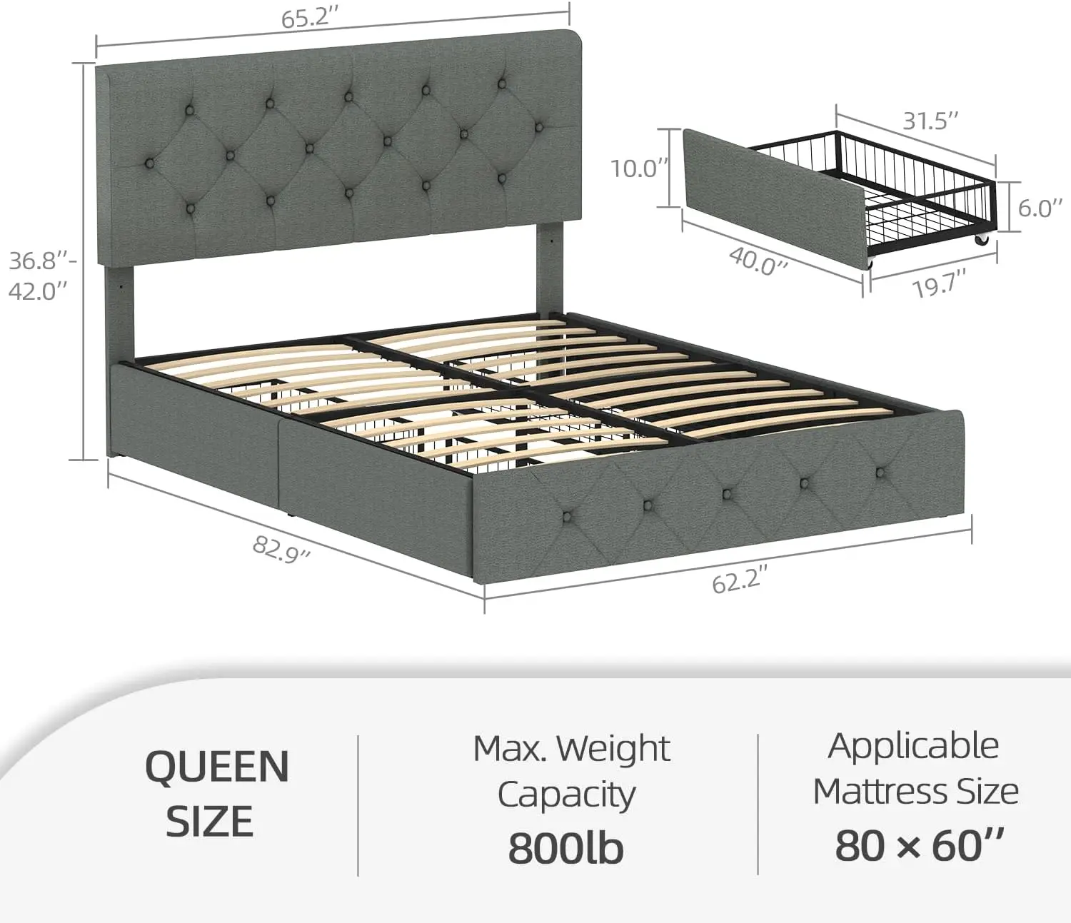Size Bed Frame Platform with 4 Storage Drawers