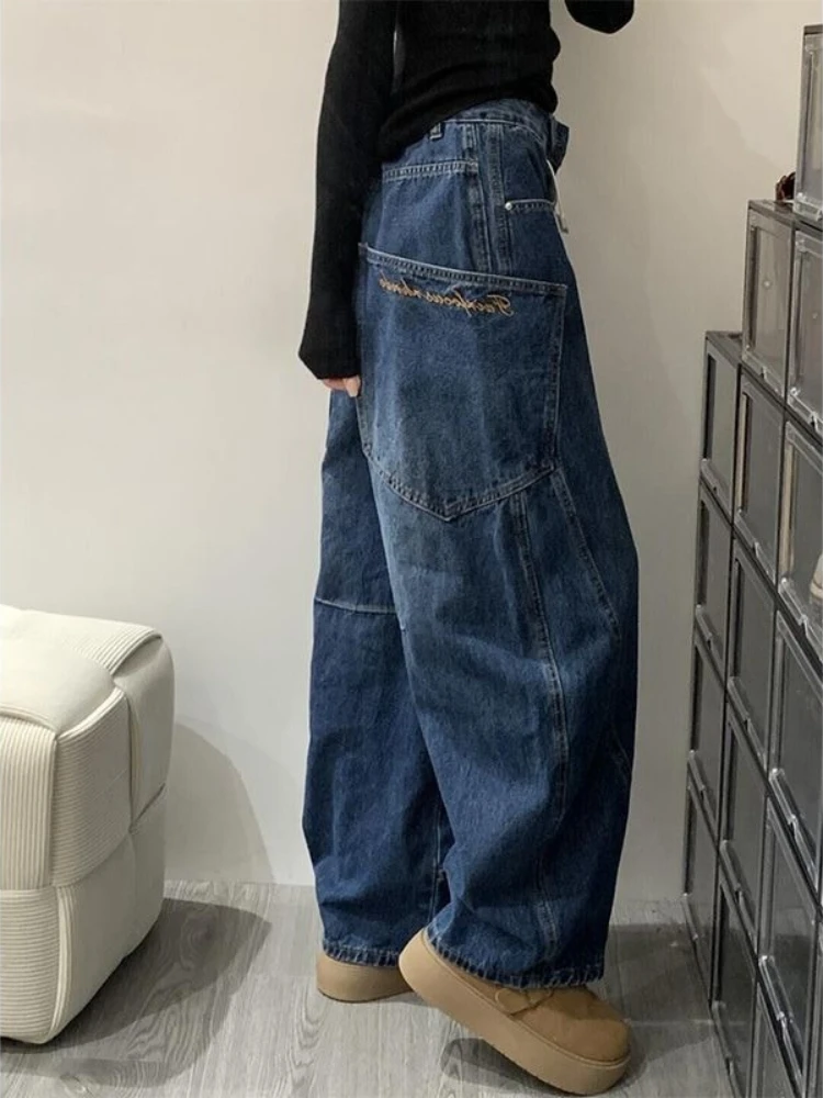 Jeans Women Embroidery Curved Knife Loose Wide Leg Pants Small Sickle Shaped Pants