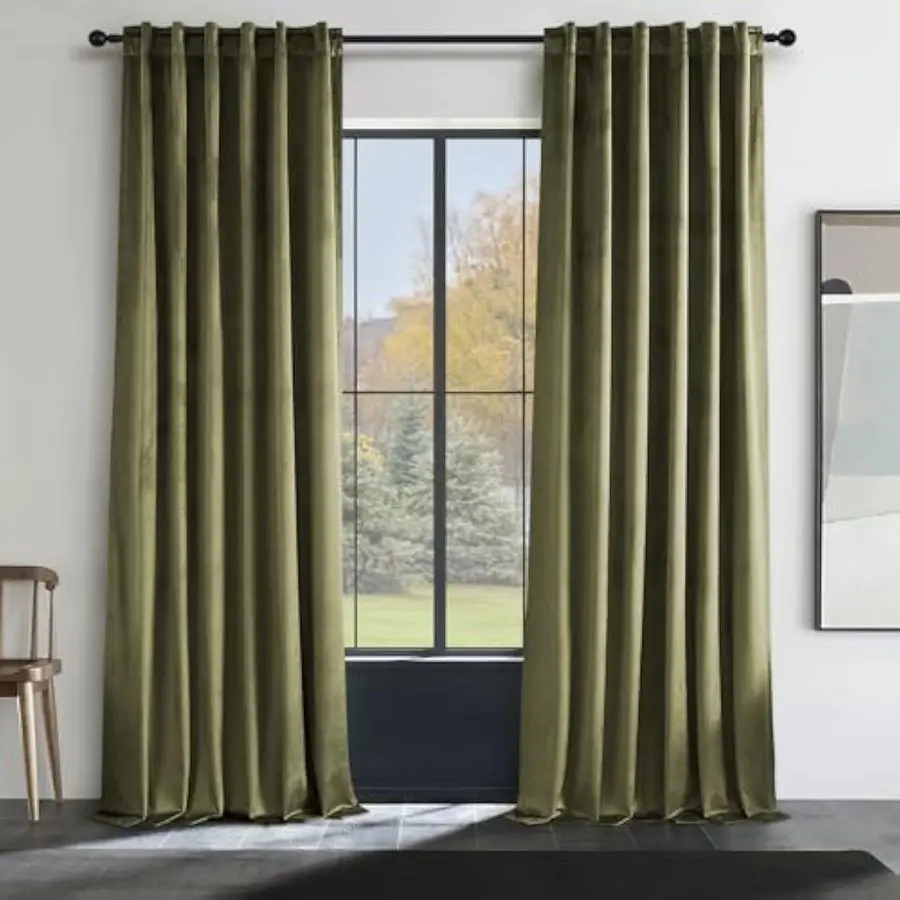 

Olive Green Velvet Curtains 84 Inches Long for Living Room,Blackout Thermal Insulated Curtains for Bedroom,Back Tab Modern Windo