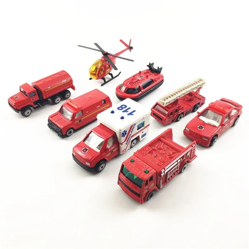 Small Alloy Car Fire Truck Set Helicopter Motor Boat Ambulance Ladder Fire Truck Construction Engineering Truck Set Car Figure