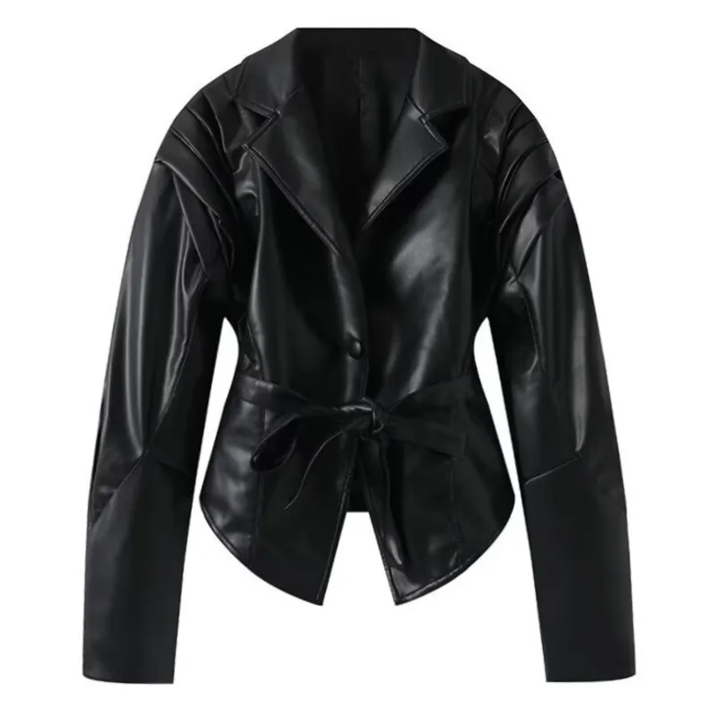 

2025 Autumn Women's Street Fashion Short Jacket Bow Waist-Tie Belt Slim-Fit Cinched-Waist Design Stylish Outerwear Daily Jackets