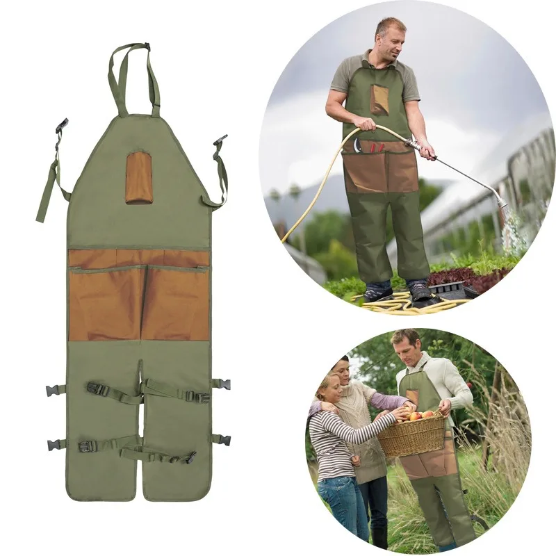 

Multi-Pocket Oxford Cloth Garden Apron Color-Block Long Leg Cover for Gardening Pruning Heavy-Duty Work Apron Adjustable Strap