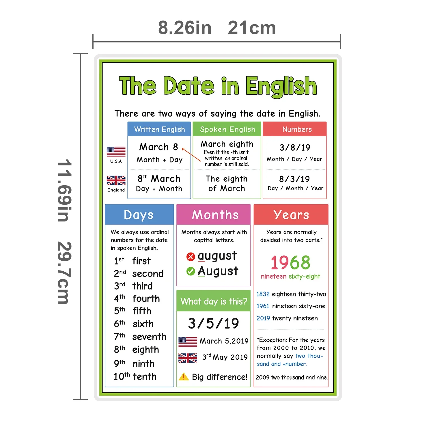 2 Pcs The Date in English & Telling The Time Kids Learning English Early Educational School Classroom Decor Posters teaching aid