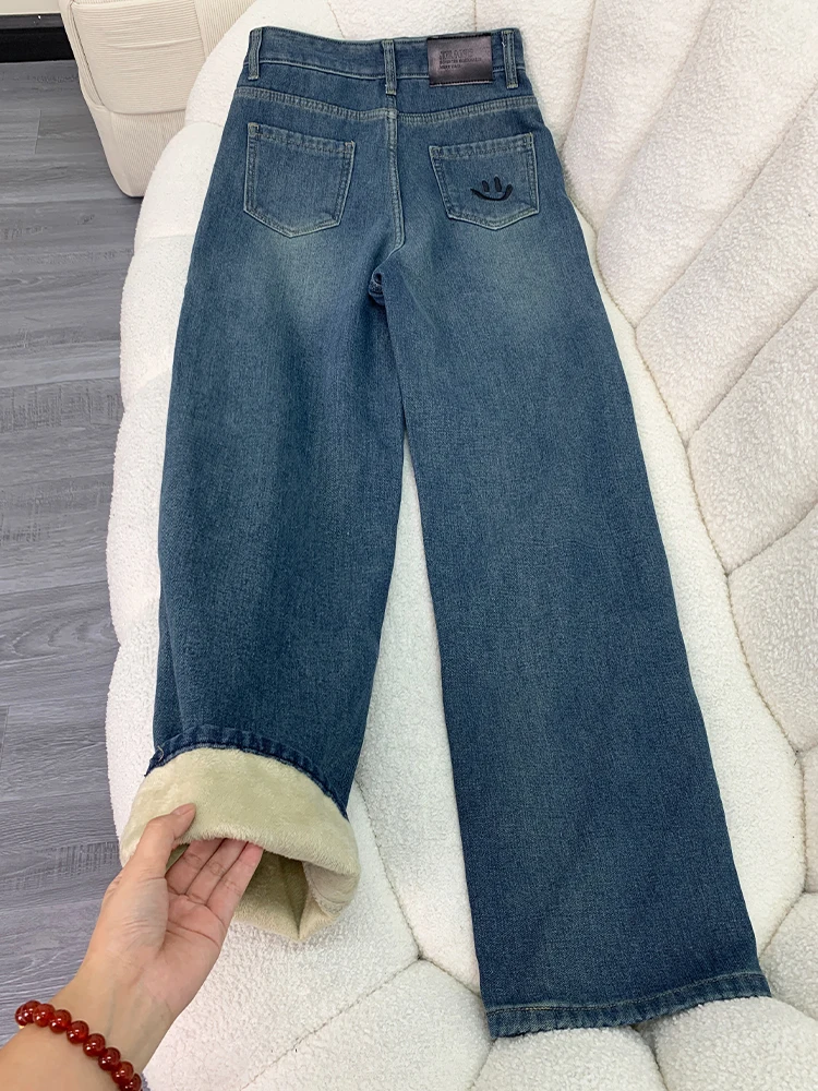 

Fleece Lined Slim Fit Wide Leg Denim Jeans Women's High Waist Slimming Embroidered Bootcut Trousers Vintage Straight Leg Jeans