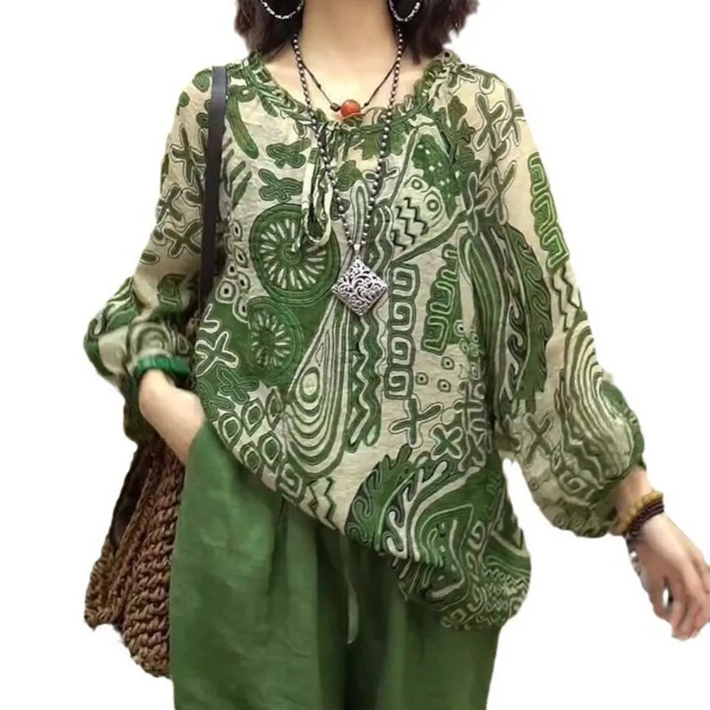 

Simple Sunscreen Retro Loose T-shirt Round Neck Green Long Sleeve T Shirt Thin Flower Stripe Ethnic Style Tops Women