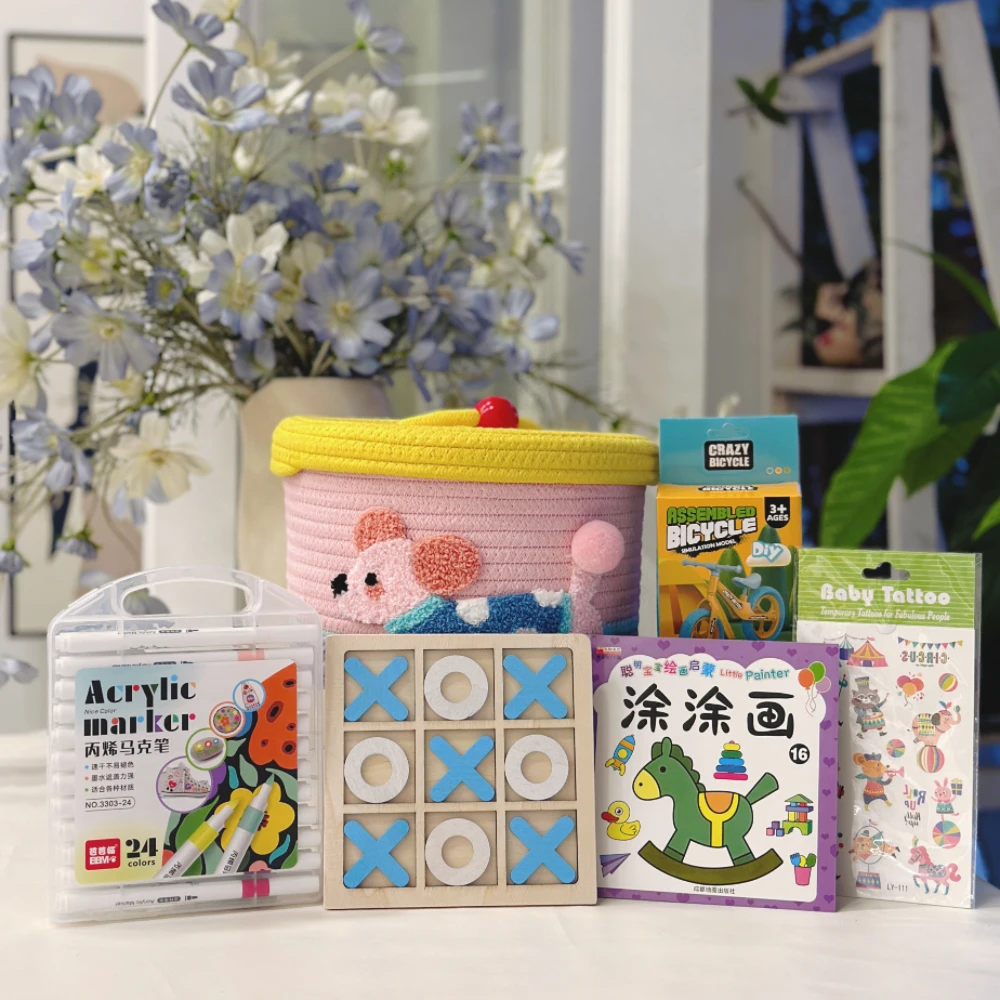 

Kids Creative Toy Set (3+) - 24 Acrylic Markers, Wooden Tic Tac Toe, DIY Bicycle, Book, Tattoos + Knitted Basket