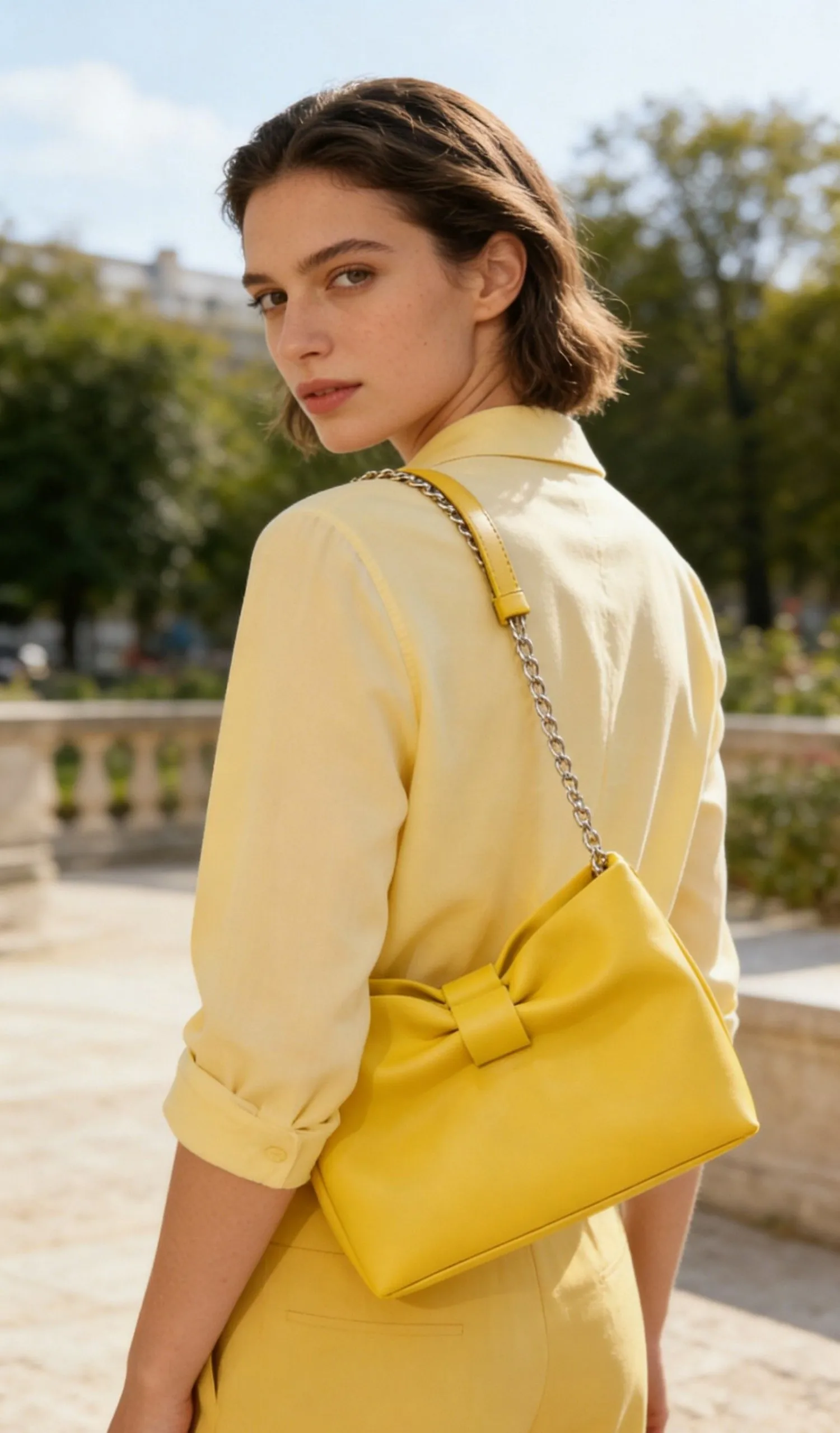 

Bright Yellow Bow Underarm Bag for Women, Cute Shoulder Purse, Sweet Mini Handbag with Chain Strap for Summer Outings and Dating