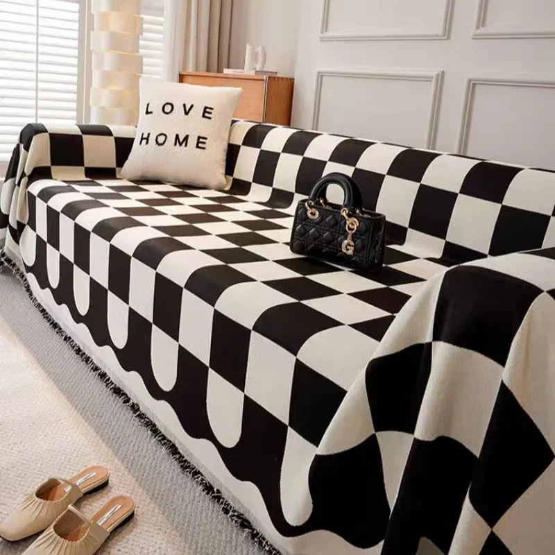 Chenille Black and White Checkerboard Sofa Towel All Season Universal Sofa Cover All-inclusive Dust Proof Seat Cushion Blankets