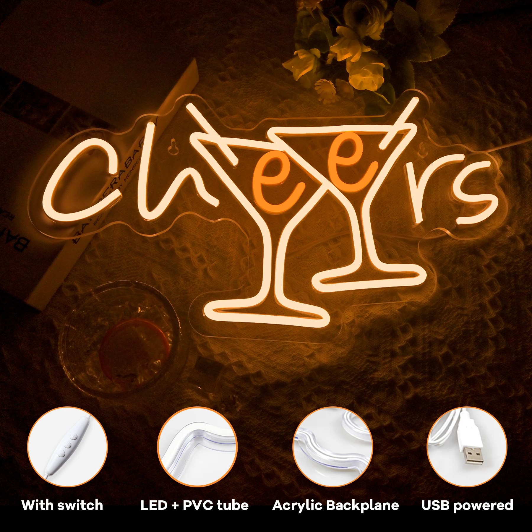 Cheers Neon Sign Cocktails Bar Led Sign Dimmable Cheers Neon Signs Wall Decor for Pub Party Club Restaurant Shop Bar Lights Sign