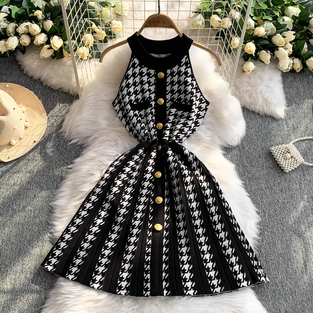 

Vintage Elegant Knit Single Breasted sleeveless Dress A-line Casual Women Fashion High Waist Summer Spring Vestidos