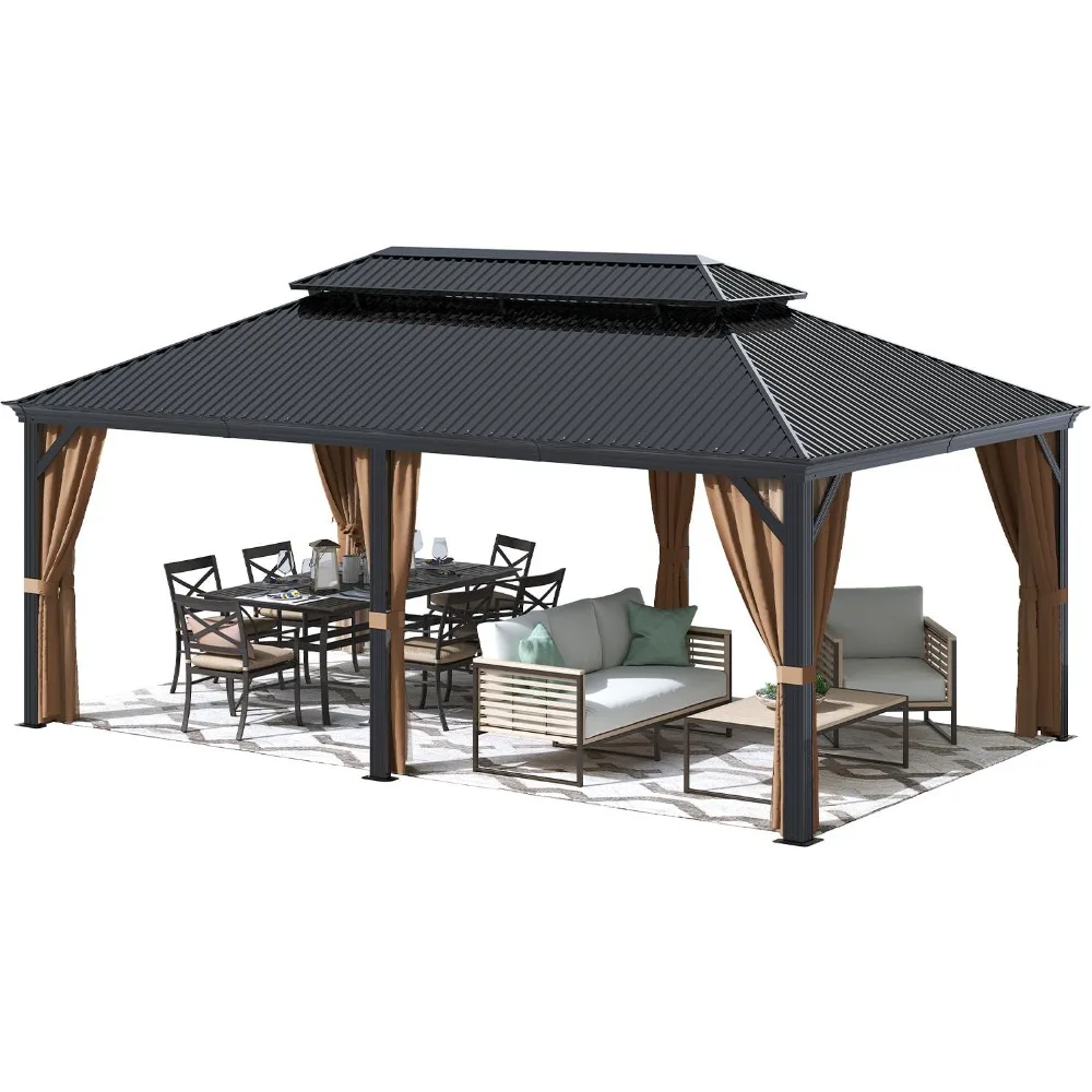 12'x20' Hardtop Metal Gazebo, Outdoor Galvanized Steel Double Roof Canopy, Aluminum Frame Permanent Pavilion