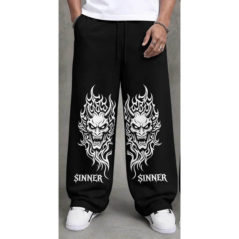 Men Gothic Oni Demon Graphic Casual Trousers, Edgy Dark Punk Aesthetic, Great for Leisure Time & Street Fashion Looks