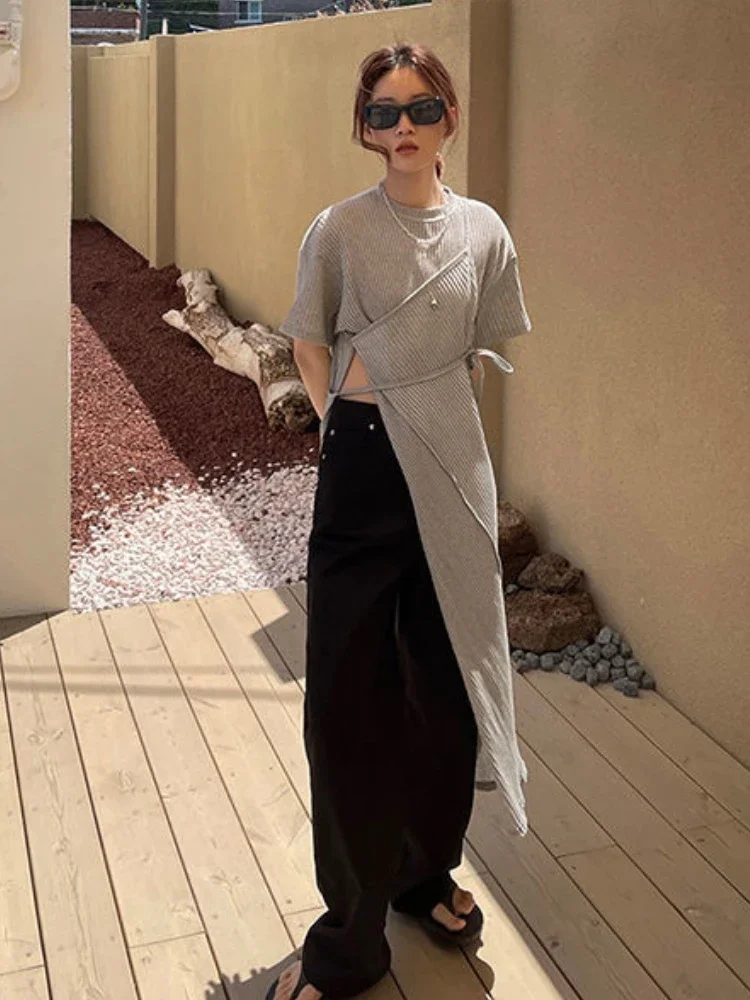 2024 Summer Korean Fashion Bandage Split Side Long T-shirt Dress Women -neck Casual Y2k Sexy Asymmetrical Tee Dresses Vestido