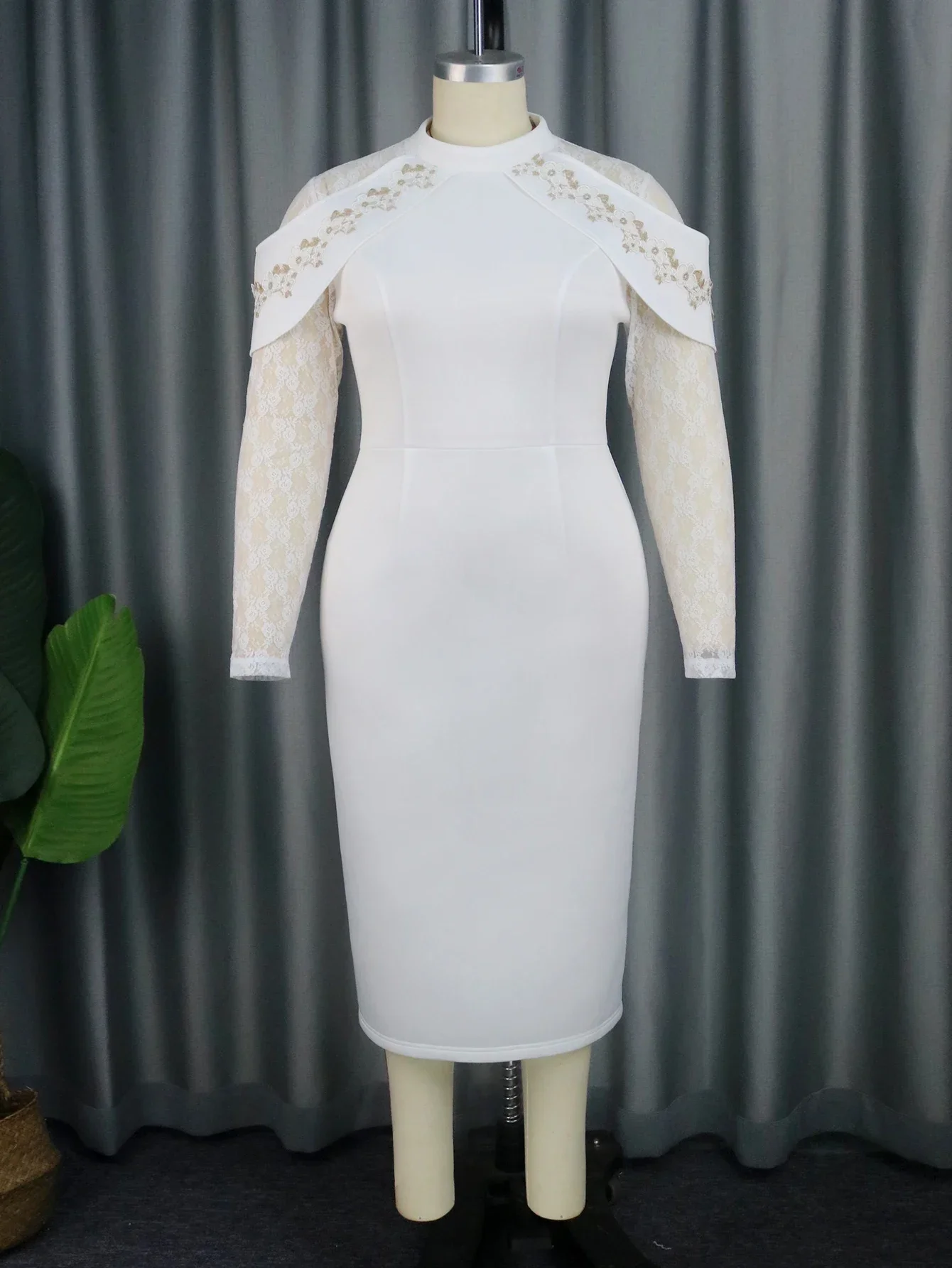 Chic High Neck White Bodycon Dresses Women Embroidery Hem Long Sleeve Elegant Midi Dress Formal Evening Party Celebrate Gowns