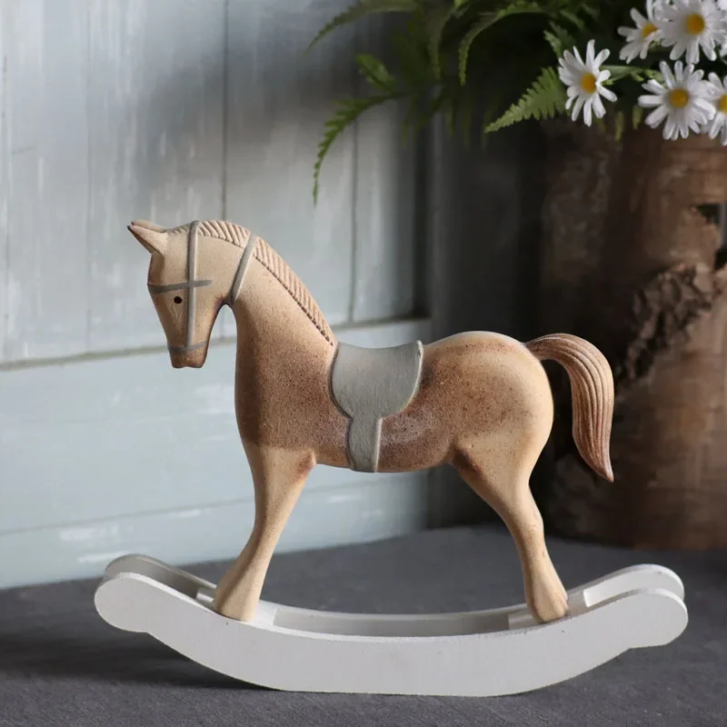 Nordic Style Hand-painted Wooden Horse Rocking Tabletop Ornaments Living Room Children's Room Garden Animal Statue Decorative