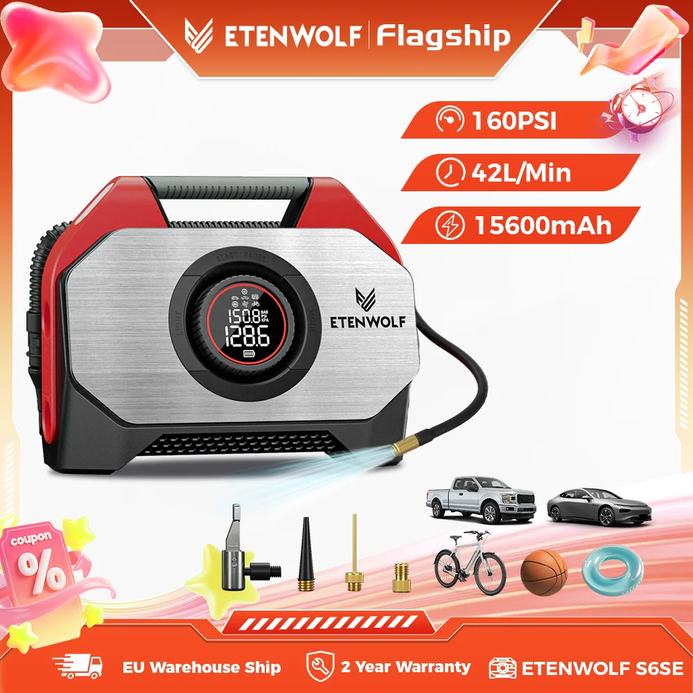 Neuer ETENWOLF S6SE Auto-Luftkompressor 22L/Min Reifenfüller 15600 mAh 100% Betriebszyklus Luftpumpe für Autos und Pickups