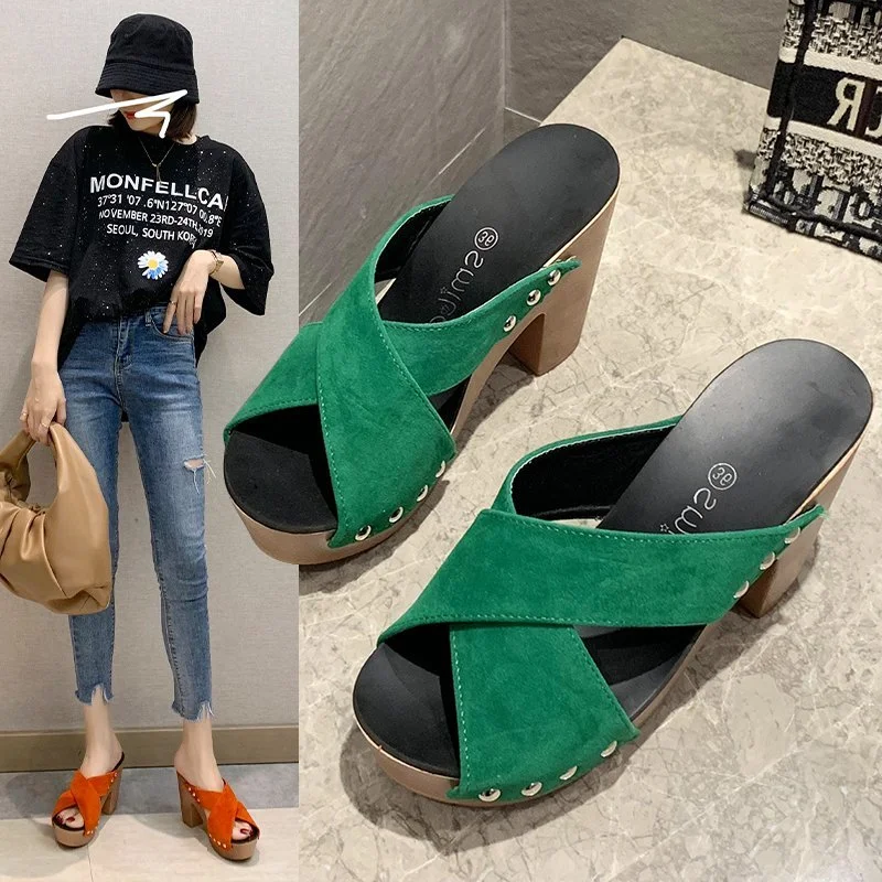 

Летние женские тапочки на квадратном высоком каблуке и платформе из флока, повседневные туфли-лодочки с заклепками, женская элегантная женская обувь с открытым носком, Zapatos De Mujer