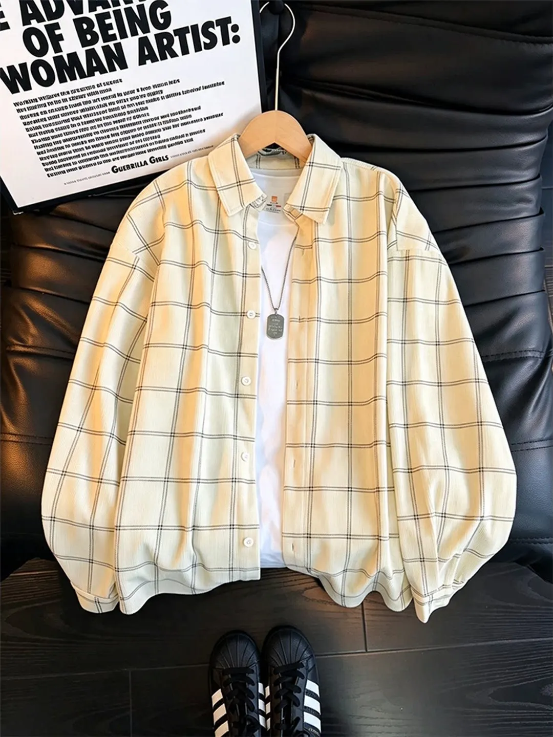 Cleanfit Plaid Long Sleeve Loose Men's Shirt Autumn Trendy Brand Versatile Casual Outerwear for Couples in Light Beige