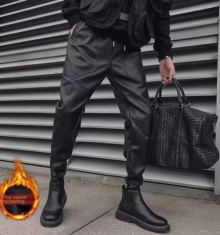 

Мужские теплые кожаные брюки на флисовой подкладке на осень/зиму — модные чистые черные ветрозащитные утолщенные повседневные длинные брюки для еды De
