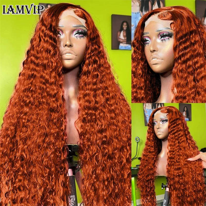 34 Inch Ginger Orange Color 13x6 Full Lace Front Wigs Water Curly Human Hair Wigs 13x4 HD Transparent Deep Wave Lace Frontal Wig