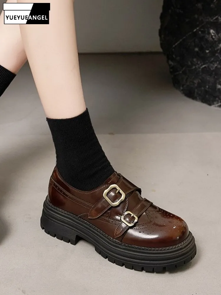 

British Ladies Solid Color Split Leather Round Toe Chunky Heels Footwear Retro Women Buckle Strap Height Increase Platform Pumps