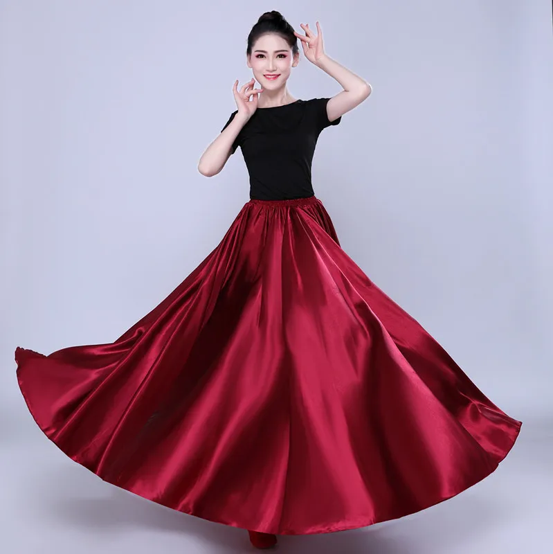 Shining Satin Long Spanish Skirt Swing Dancing Skirt Belly Dance Skirt Women Sun 12 Colors Available