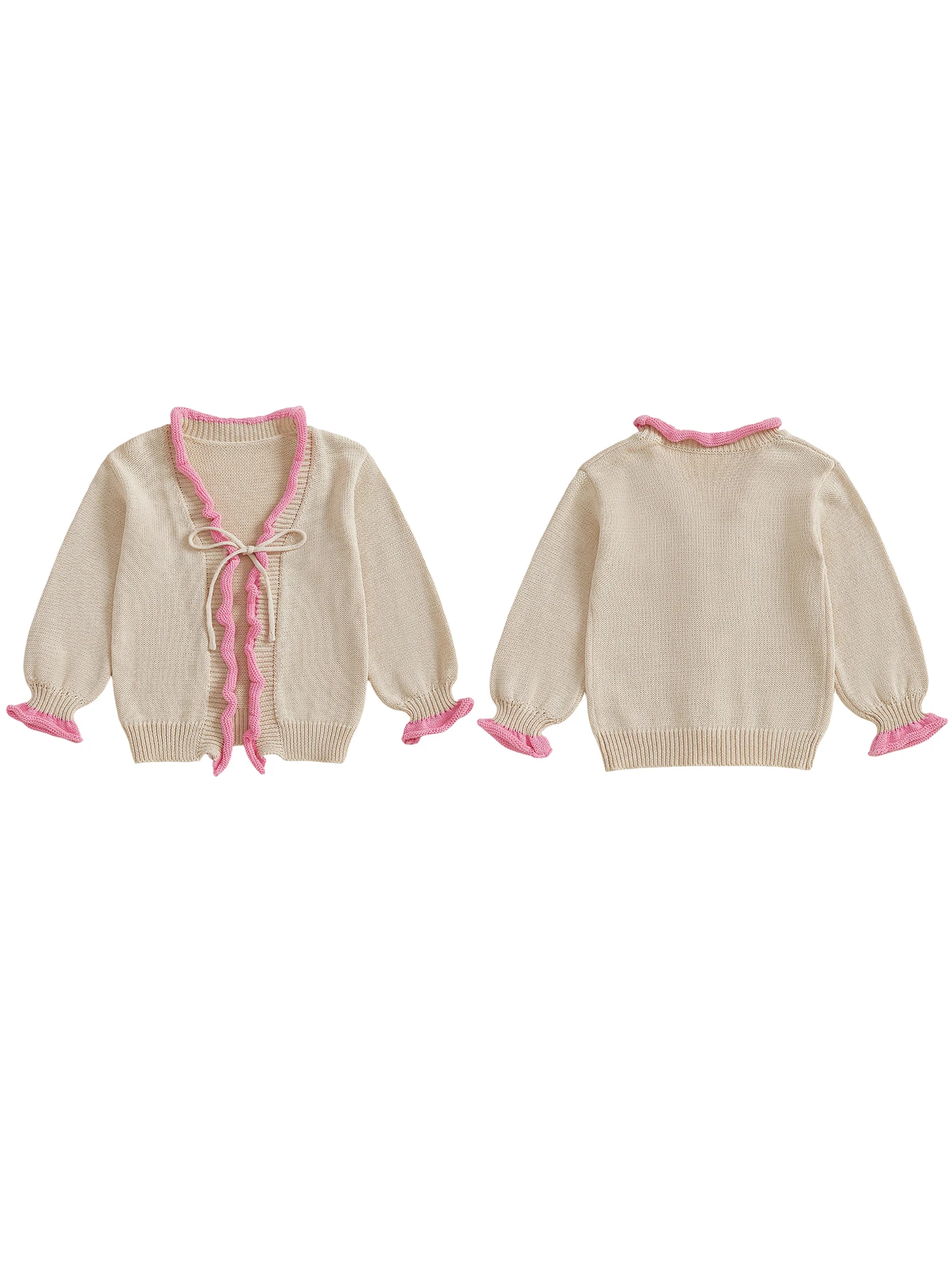 سترة صوفية متماسكة للأطفال لطيفة بأكمام طويلة ورقبة على شكل حرف V وربطة أمامية مكشكشة للارتداء اليومي #1