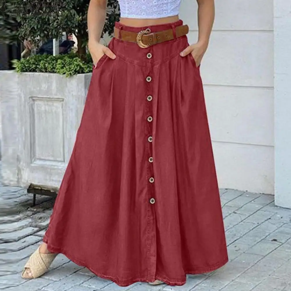 Big Hem Women Long Skirt Solid Color High Waist All Match Button Decor A-line Summer Loose Maxi Skirt Female Garment