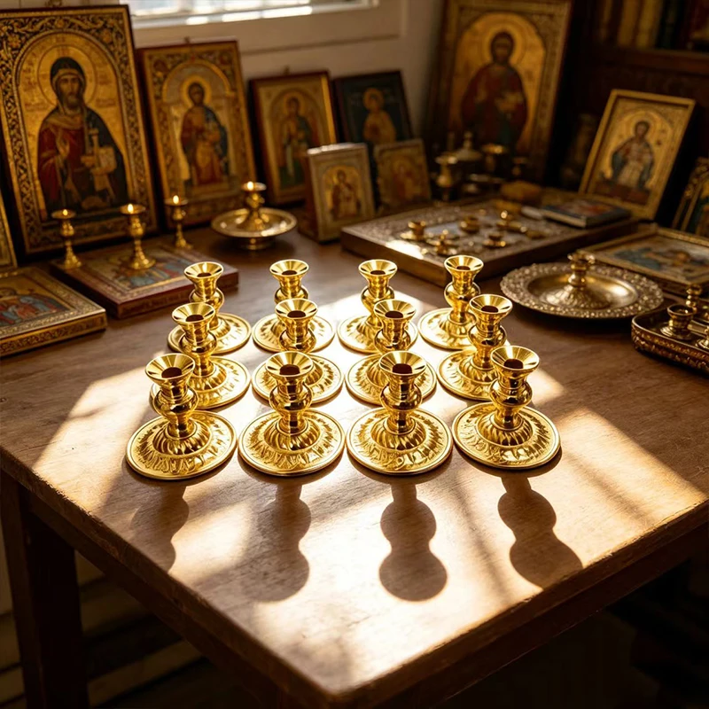 Exquisite Gold Metal Orthodox Candle Holder Small Ornate Byzantine Candlestick for Home Altar Christian Prayer Religious Gift Se
