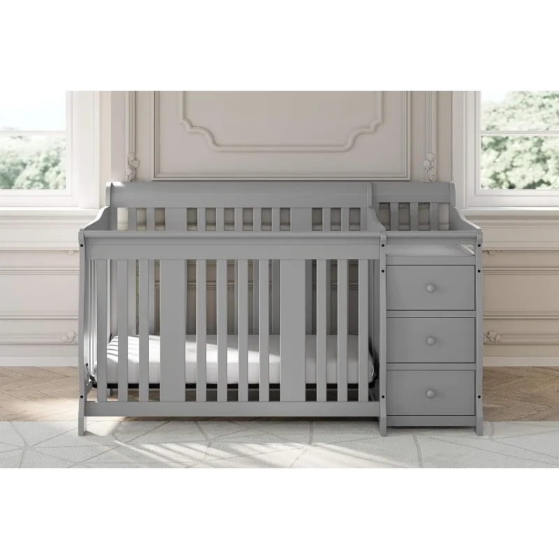 5-in-1 Convertible Crib and Changer Combo– Changing-Table with Storage Drawer, Converts to Toddler Full-Size Bed