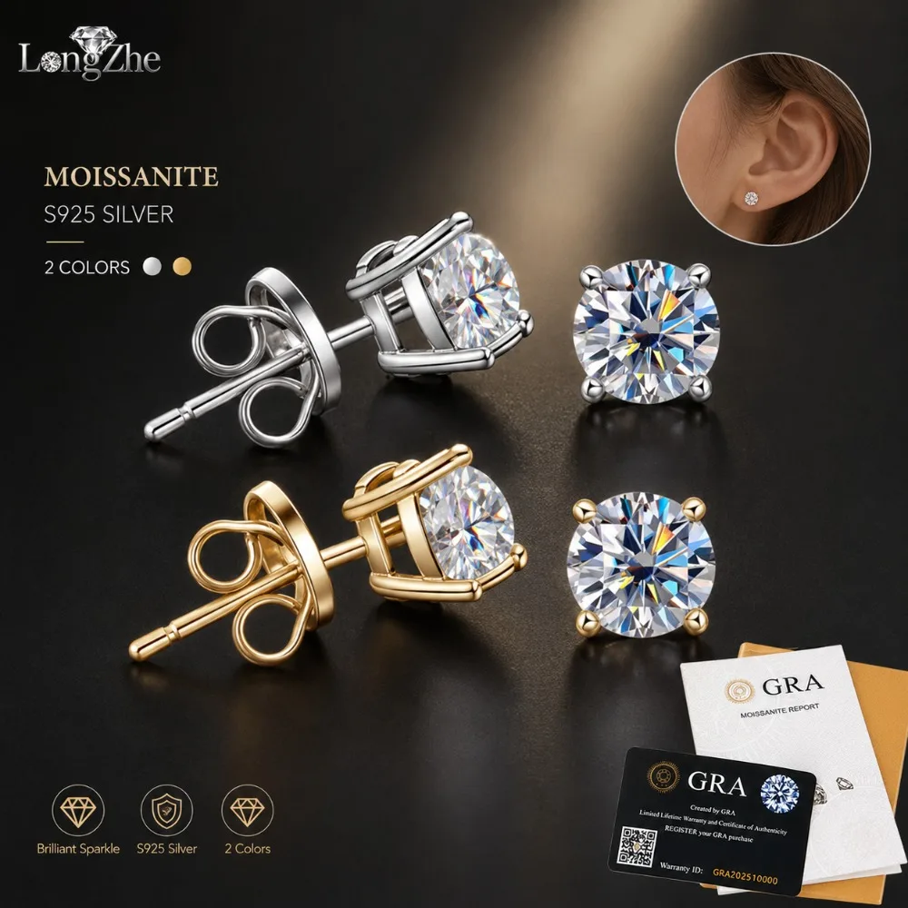 S925 Silver Moissanite Stud Earrings 0.1CT-1CT Round Cut 4/6 Prong 925 Silver Earrings For Women Gift Jewelry